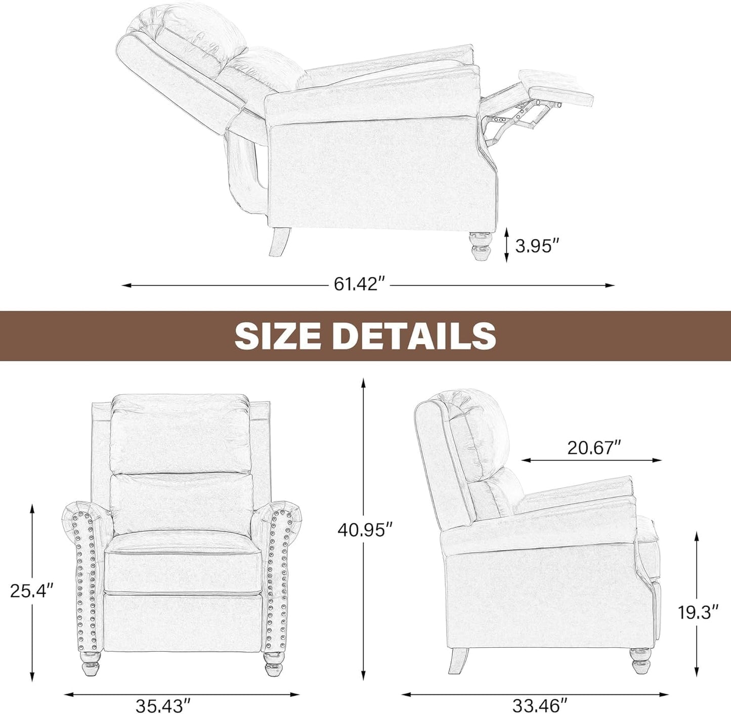 UIXE Pushback Recliner Chairs Set of 2, Fabric Armchair Push Back Accent Chair for Living Room, Rivet Trim Club Chair Overstuffed Home Theater Bedroom Reading Seat - Strip Navy