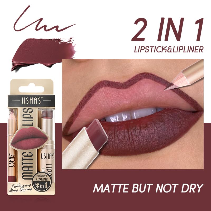 USHAS 2 in 1 Waterproof Lipstick Combo Set - Long Lasting Matte Lipstick Pen with Lip Liner - Makeup Kit (G5, Pack of 1)