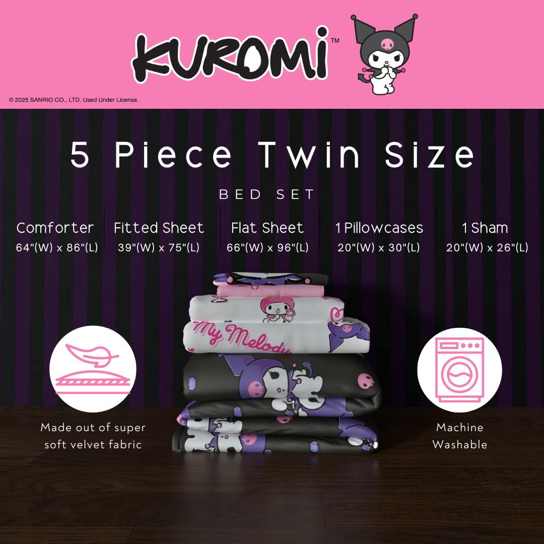 Franco Sanrio Kuromi & My Melody Bedding 5 Piece Super Soft Cozy Reversible Comforter and Sheet Set with Sham, Twin, (Officially Licensed Product)