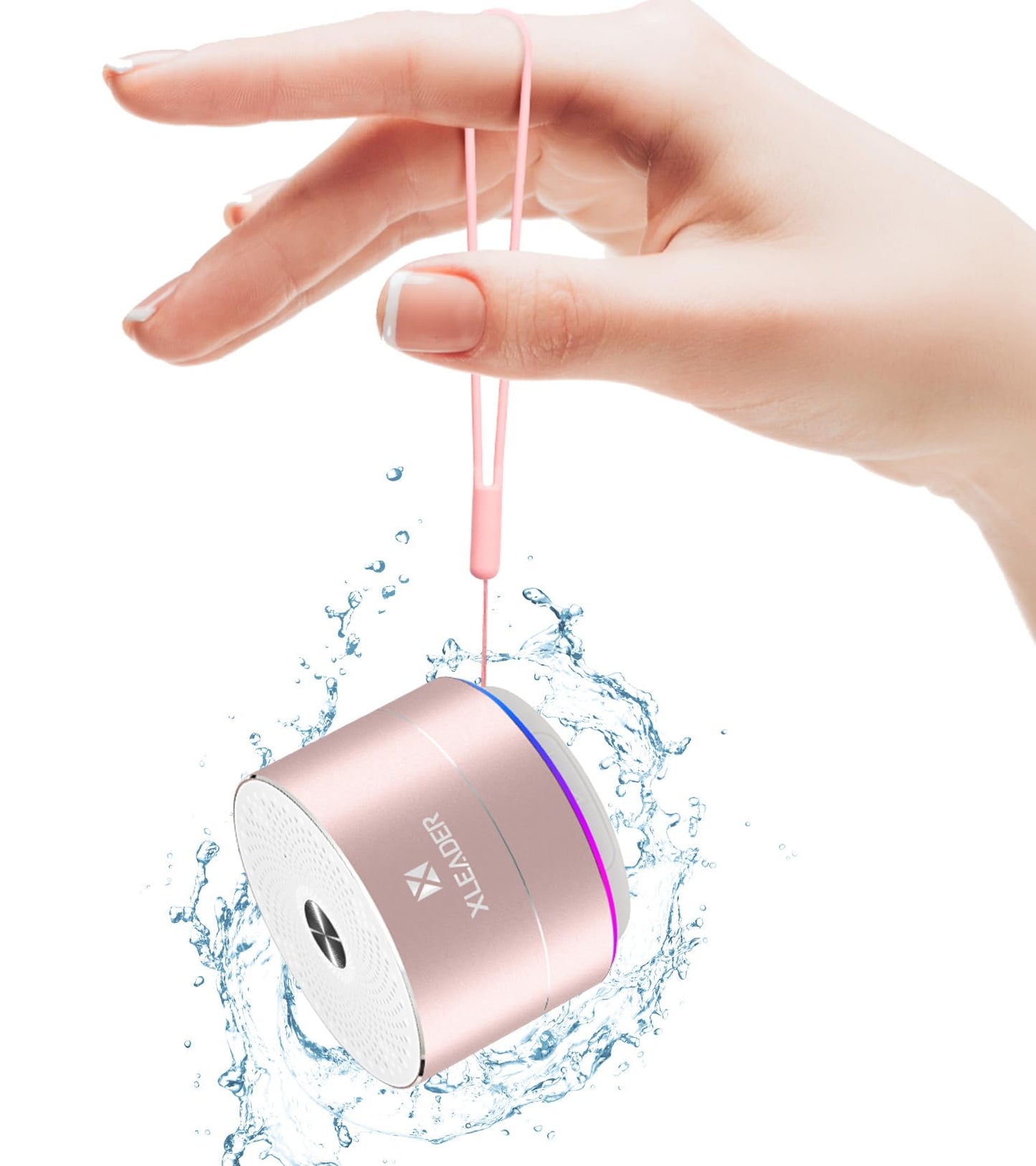 XLEADER Mini Bluetooth Shower Speaker, IPX6 Waterproof Speaker, with RGB Lights, Mic, Portable Silicone Lanyard, Suction Cup, Clear Sound&Rich Bass, 12h Playtime, Small Pink Gifts for Girls Women