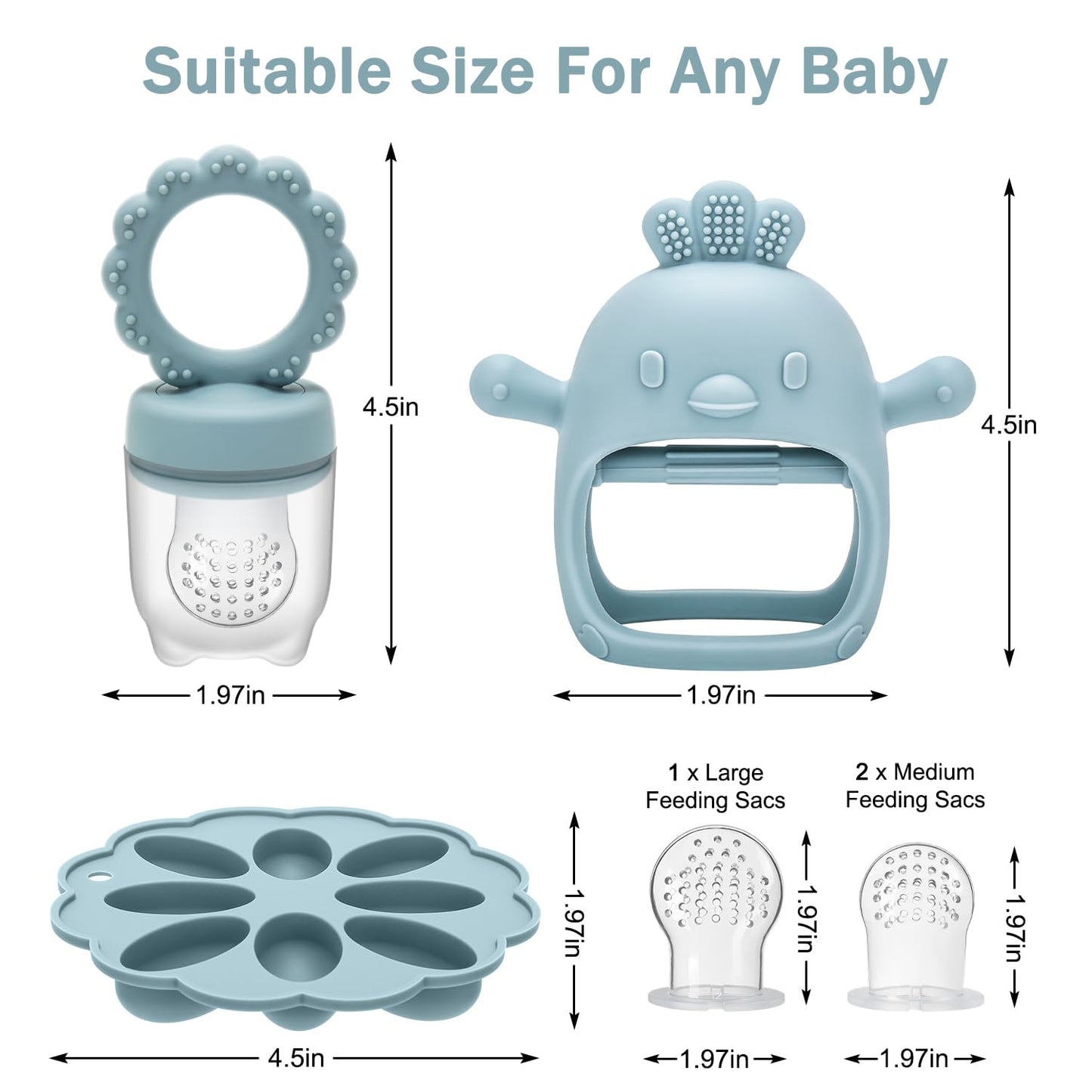 MISSLILI Baby Silicone Fruit Food Feeder & Pacifier, Breastmilk Popsicle Molds, BPA Free Food Storage Containers, Infant Teething Toy (Blue)