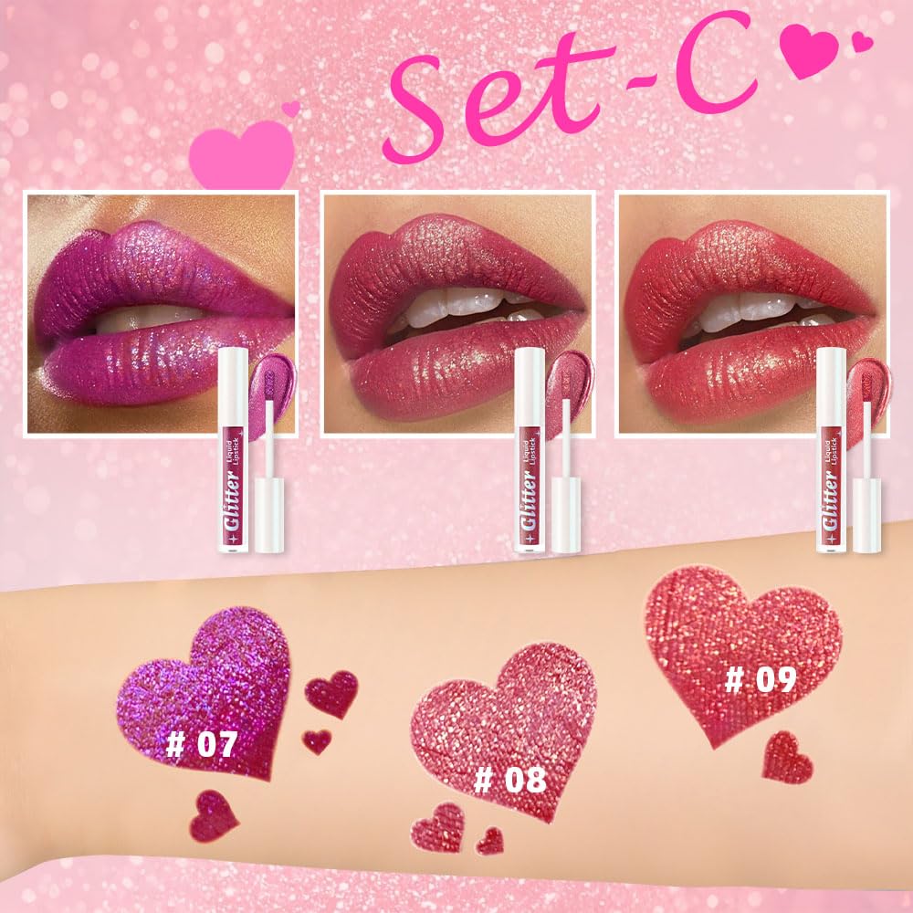 3Pcs Metallic Lipstick for Women,Lightweight Glitter Sparkling Liquid Lipsticks,Shimmer Lip Gloss Stain Long Lasting Waterproof Smudge Proof Non-Drying 24 Hour Full Coverage Lip Makeup,Vegan