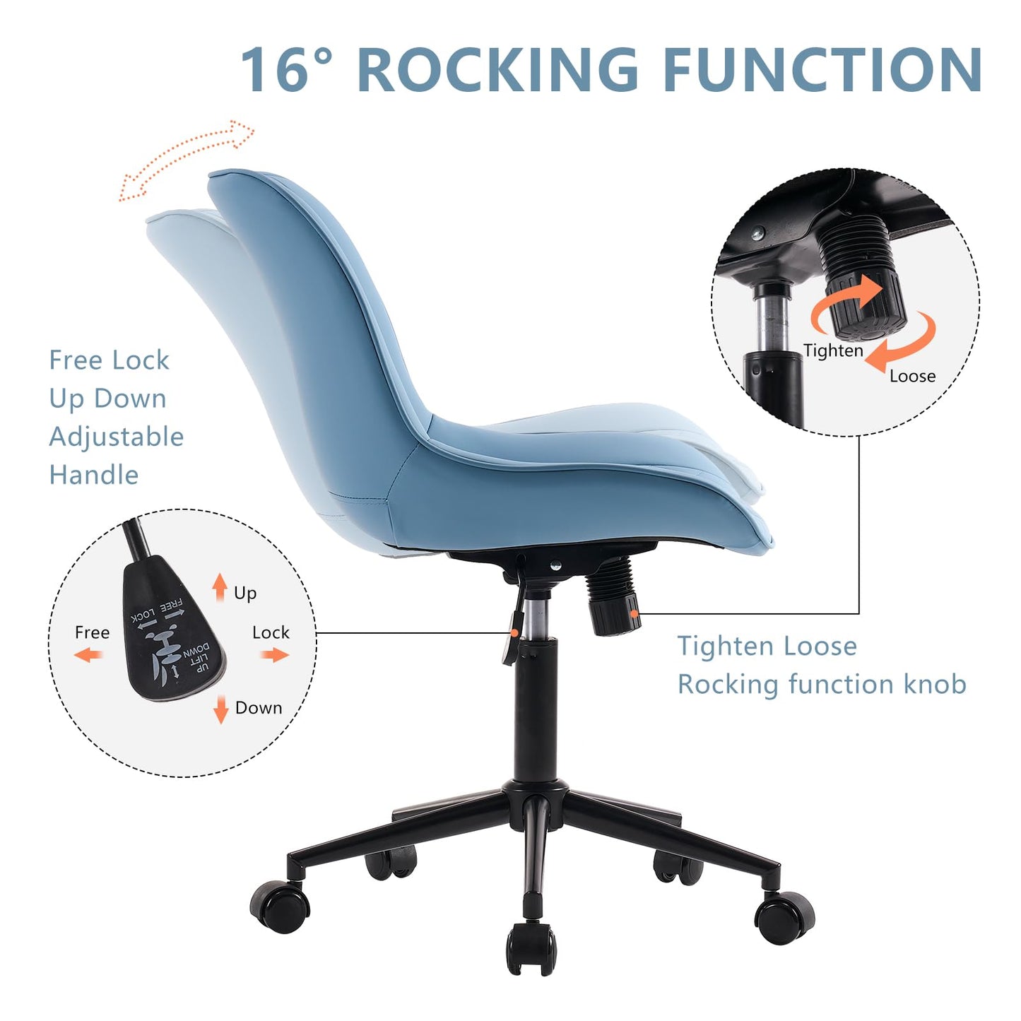 YOUNIKE Blue Ergonomic Home Office Desk Chair No Arms Comfy Small Criss Cross Chair with Wheels Swivel Adjustable Modern Vanity Chair with Back Armless Cute Leather Upholstered Rolling Task Chair