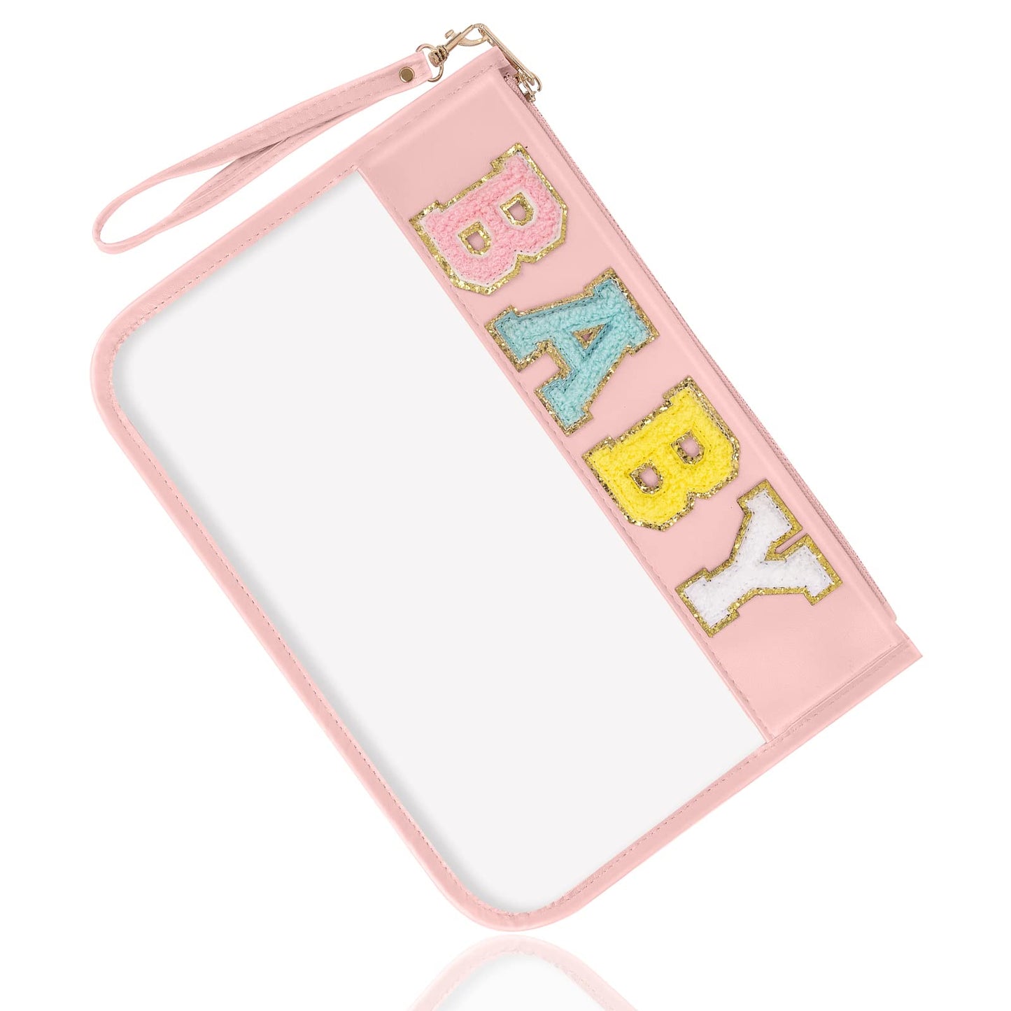 izuzta Chenille Letter Clear Bag Baby Purse Pouch, Monogram PVC & PU Clear Zipper Pouch with Wristlet, Waterproof Portable Glitter Snacks Makeup Beach Pouch Toiletry Bag for Women Girls (BABY-Pink)