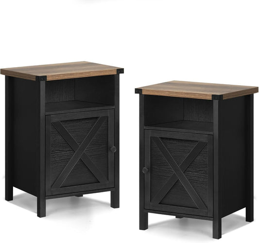 Farmhouse End Table, Nightstand, End Tables with Barn Door and Shelf, Wooden Sofa Side Table, Modern Bed Side Table Rustic Nightstands Set of 2, Bedroom, Living Room, Black