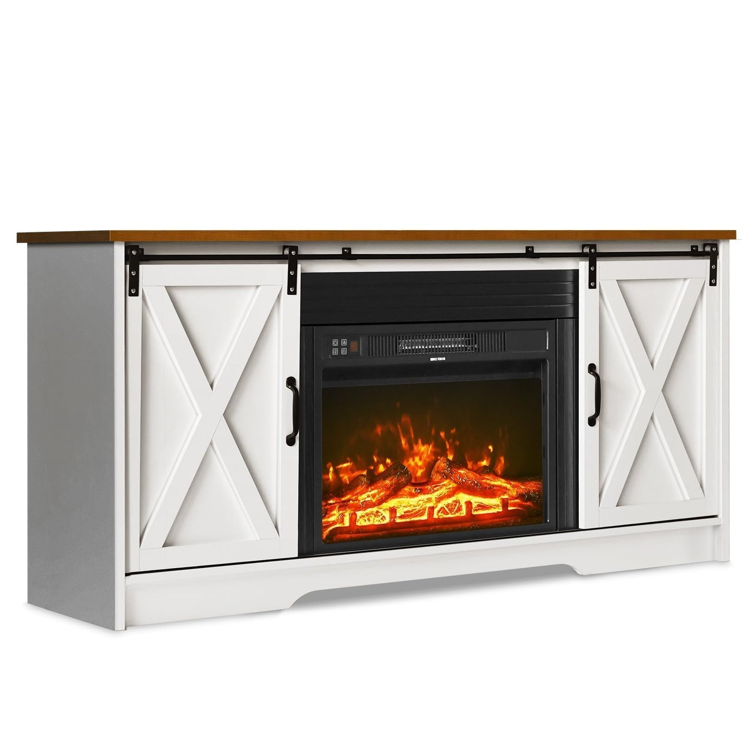 4 EVER WINNER Fireplace TV Stand with Sliding Barn Door for TVs up to 65", Farmhouse 59“ Entertainment Center with Adjustable Storage Cabinets, TV Console Table for Living Room, White