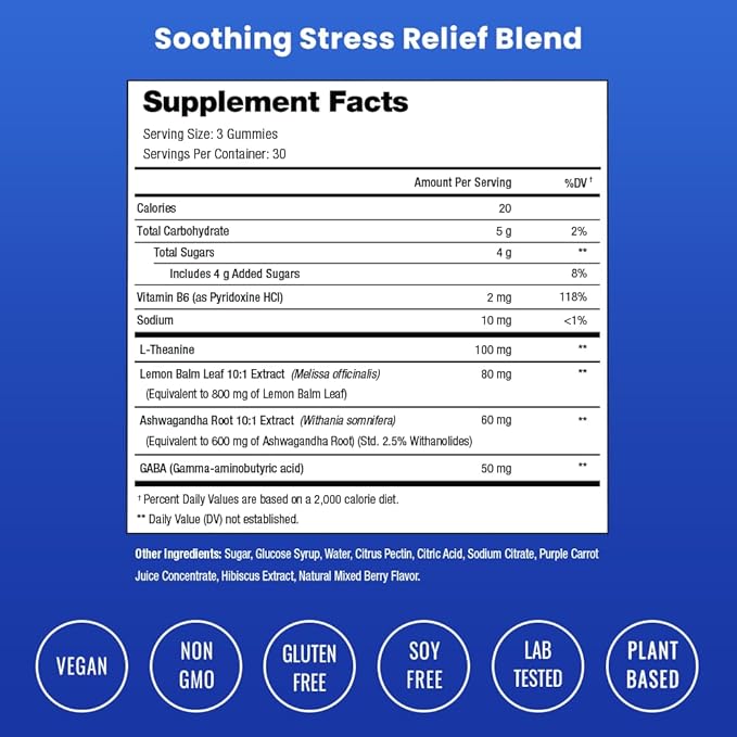NutraChamps Calm Gummies, Stress Gummies Supplement with Ashwagandha, L-Theanine, GABA, Vitamin B6 & Lemon Balm, 90 Gummies (Pack of 2)