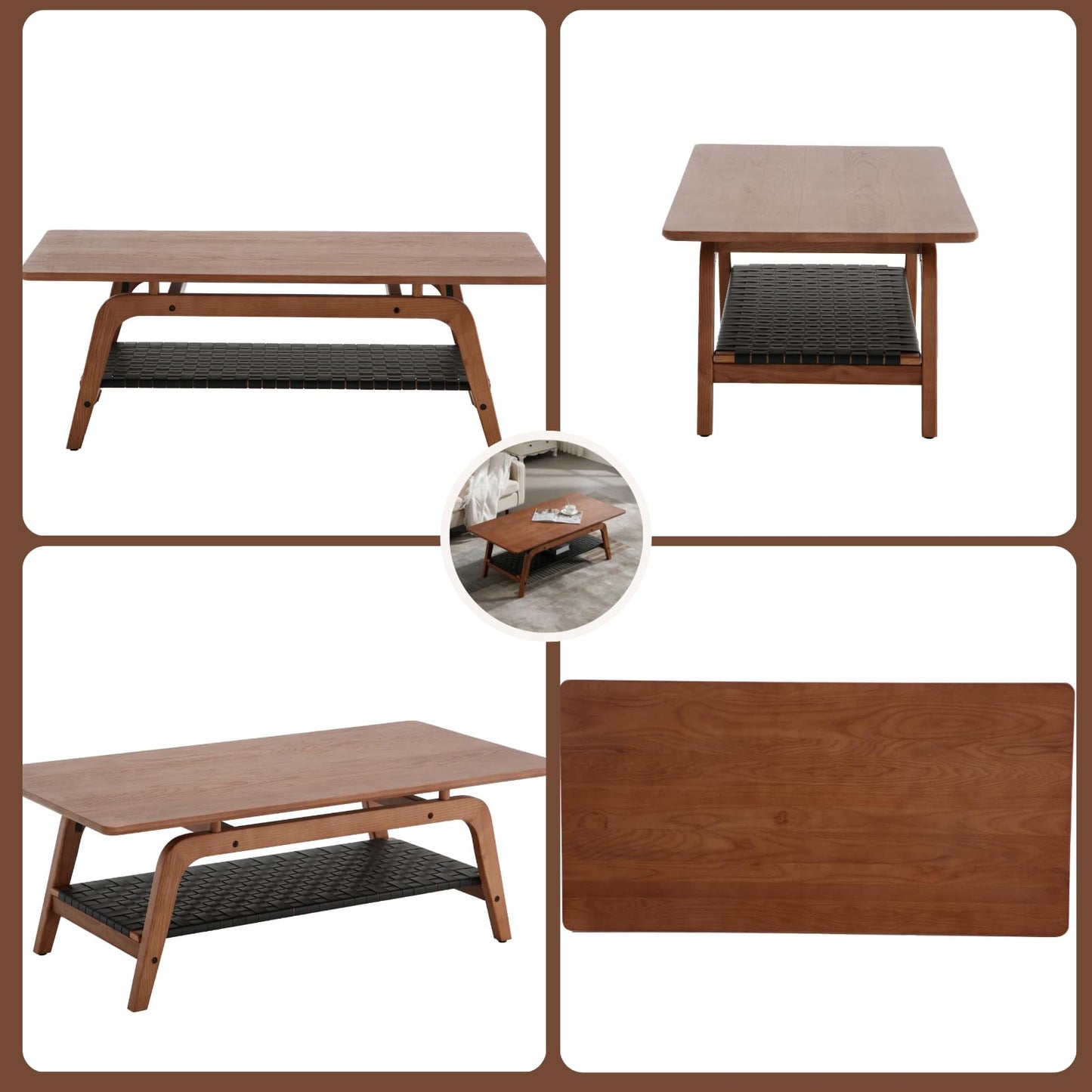 Solid Wood Coffee Table for Living Room, 47” Mid Century Modern 2-Tier Storage Coffee Table Rectangular Coffee Tables with Faux Leather Shelf Storage for Office Apartment, Walnut