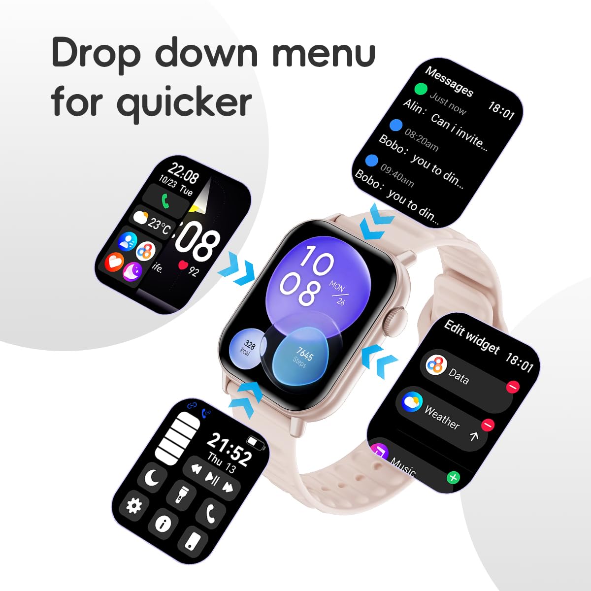 QTLLBT Smart Watch Sports Pedometer Fitness Tracker, Bluetooth Call Heart Rate Blood Oxygen Sleep Monitor, 100 Sports Modes Waterproof for iOS Android Men's Women's Smart Watch (Pink)