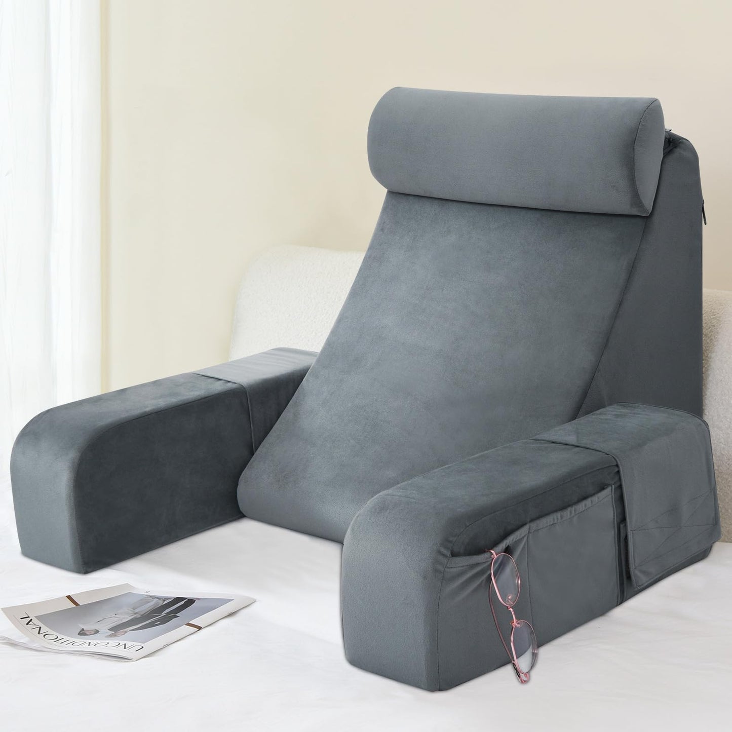 ENITYA Reading Pillow for Sitting in Bed Adult, 19" Back Pillow for Bed Sitting up, Backrest Cushion for Reclining/Reading/Gaming/Resting/Watching TV, Bedrest, Couch or Floor, Medium(Grey)