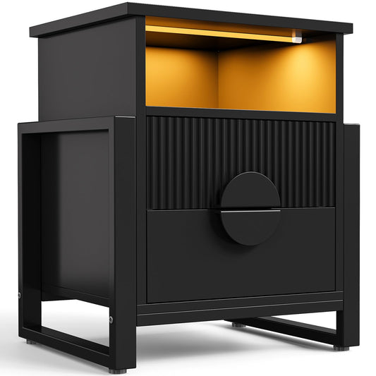 LGHM Fluted Nightstand with Strip Lights, Charger Station, Night Stand with 2 Drawers, Accent Bed Side Table and End Table,Curved Profile Design, Raising H Legs for Bedroom, Living Room,Black