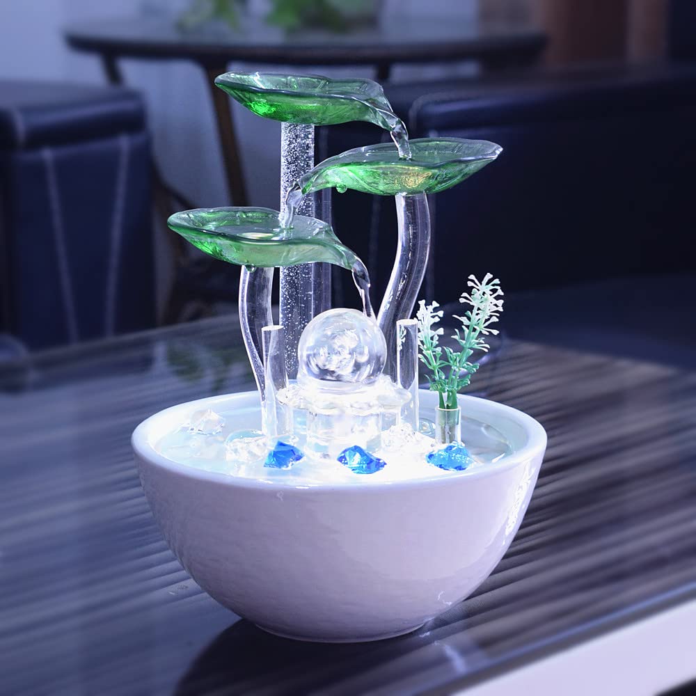Ceramic Tabletop Desktop Modern Fountain with Ball for Indoor Table Desk Office and Home Decoration White