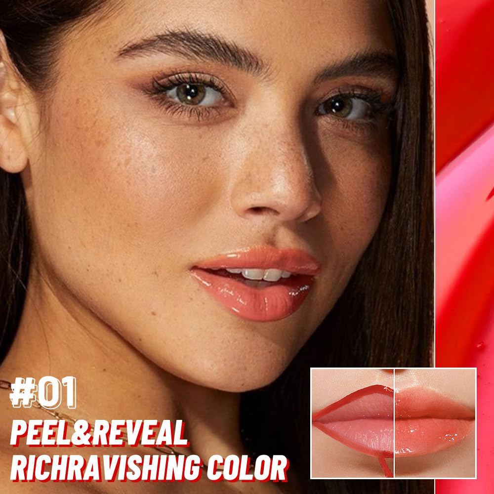 Vivid Apricot Lip Stain Peel Off Lip Gloss oil Dual-Ended Combo, Lips Liner Stain Peel Off Tattoo, Long Lasting & Waterproof, Transfer-Proof Lip Tint Stain with Lip oil for All Skin Type 01#
