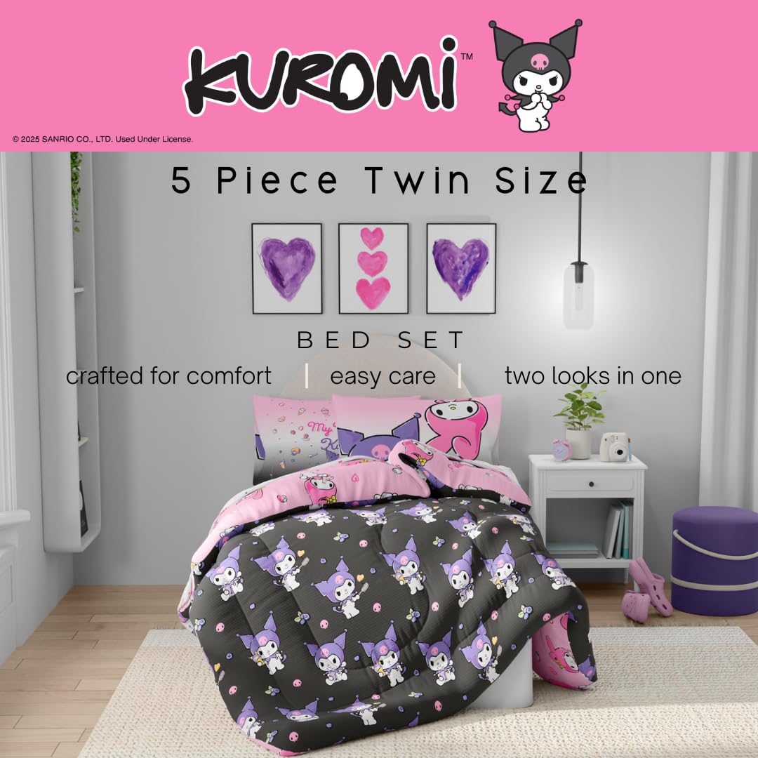 Franco Sanrio Kuromi & My Melody Bedding 5 Piece Super Soft Cozy Reversible Comforter and Sheet Set with Sham, Twin, (Officially Licensed Product)