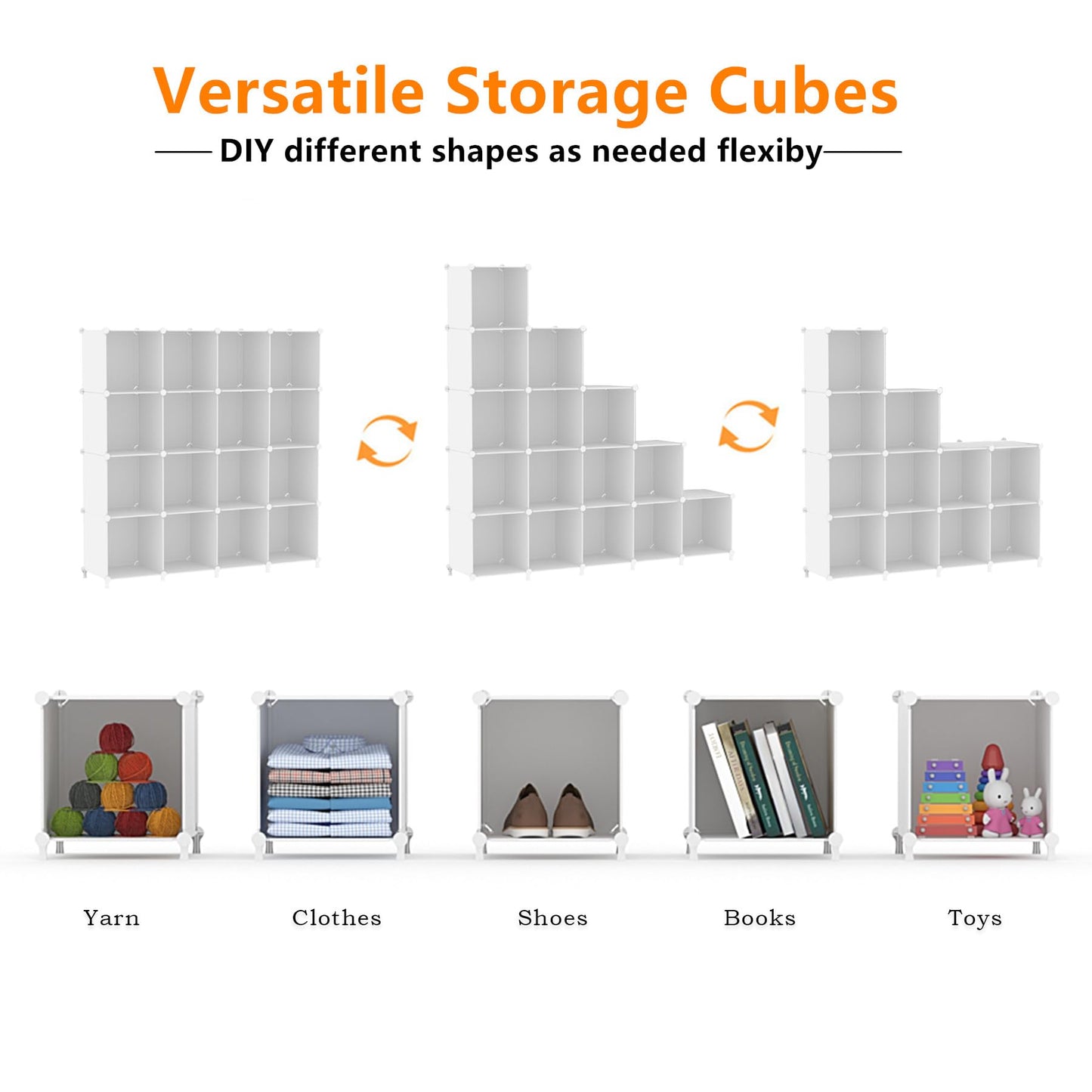 AWTATOS Cube Storage Organizer, 16 Cube Closet Organizer, Stackable Storage Cube Shelves, DIY Portable Closet Clothes Organizer Shelving for Bedroom, Closet, Wardrobe, Bathroom, White