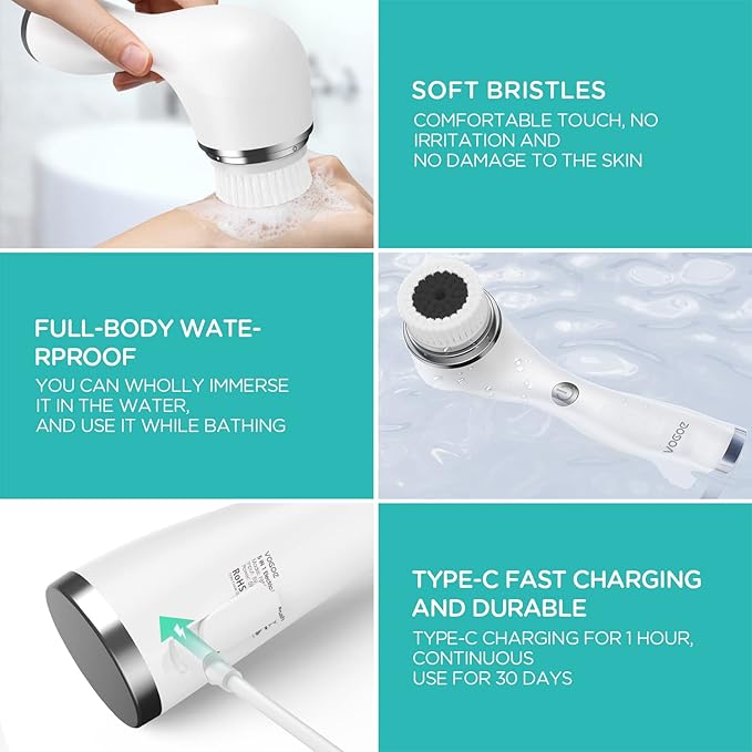 Facial Cleansing Brush Rechargeable, Spin Face Wash Brush IPX7 Waterproof Electric Face Scrubber Exfoliator, 3 Speeds & 5 Brushes for Cleansing and Exfoliating, White