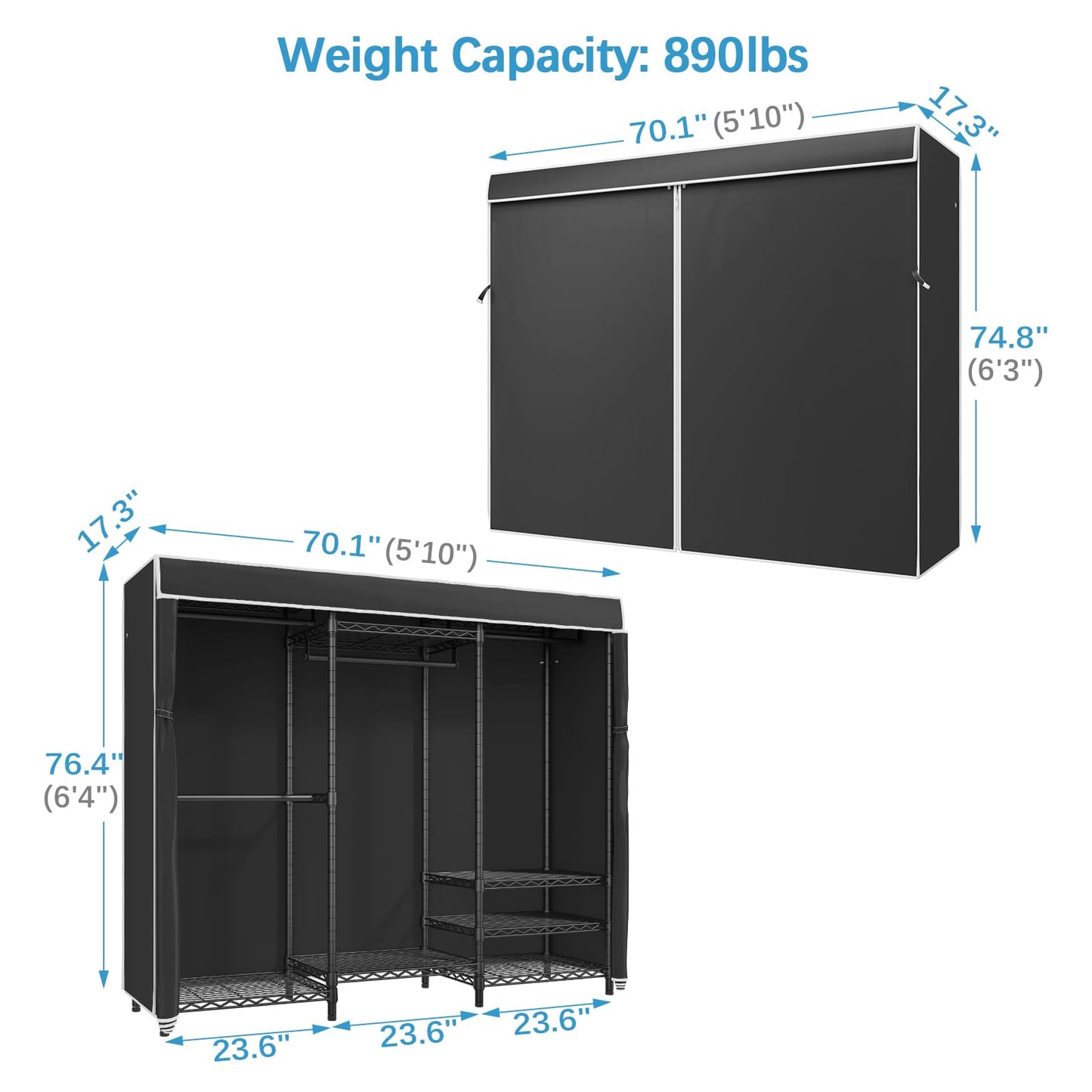 VIPEK V5C Heavy Duty Covered Clothes Rack Portable Bedroom Armoires Rack, Black Metal Clothing Rack with Black Cover, Adjustable Custom Freestanding Closet Wardrobe, Max Load 800LBS