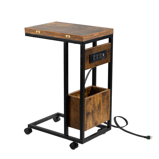 Hadulcet C Shaped End Table with Charging Station & Foldable Tabletop, Folding TV Tray Table with Storage, Rolling TV Trays, C Table for Sofa, Living Room Bedroom Small Spaces, Rustic Brown