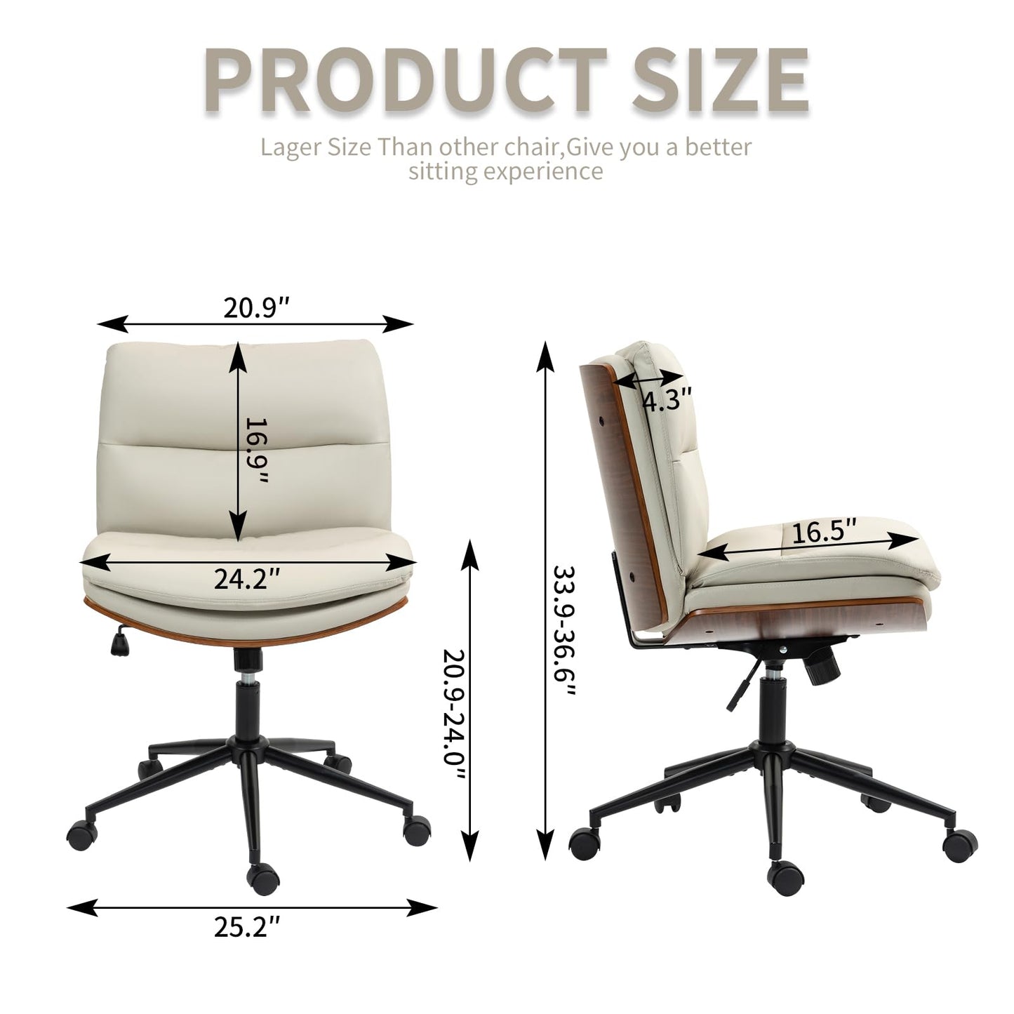 LONWIK Armless Modern Walnut Office Desk Chair with Wheels, PU Leather Adjustable Wide Swivel Task Chair, Ergonomic Cross Legged Computer Chair for Conference Room, Home Office (Beige)