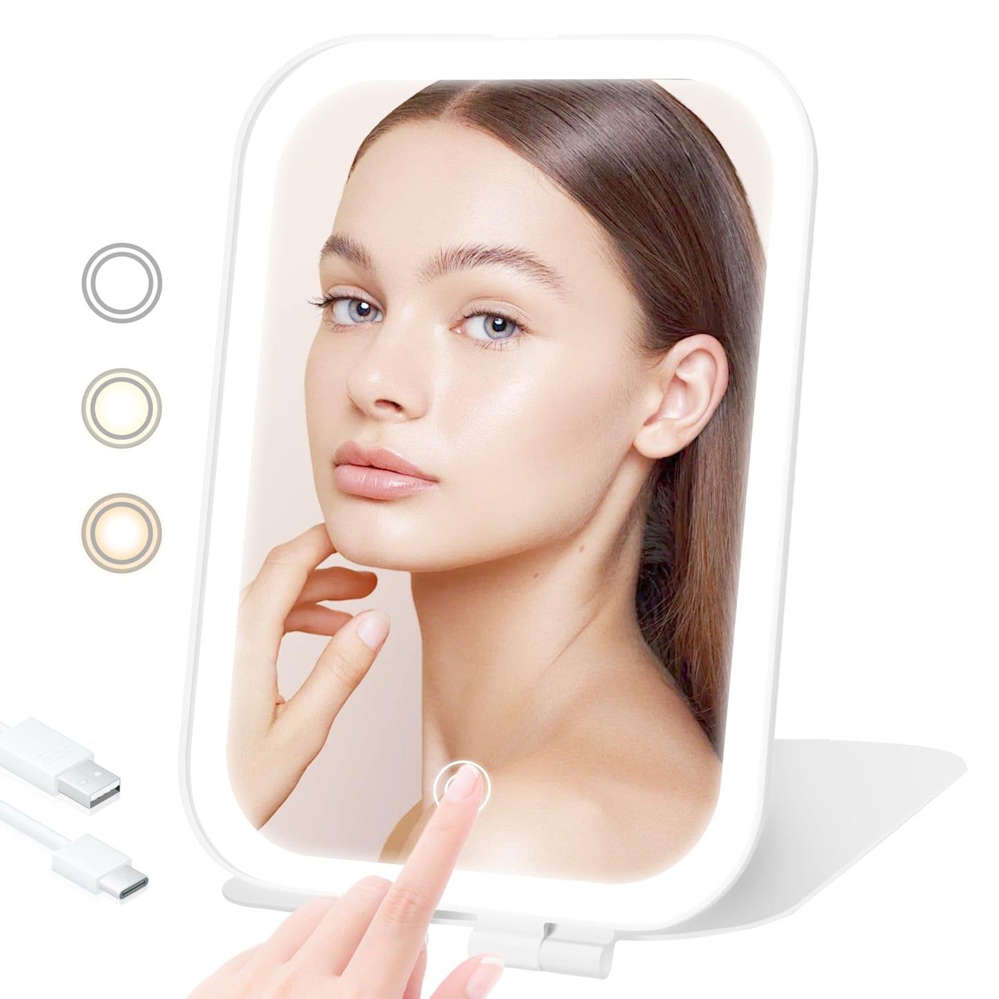 TREASO Travel Makeup Mirror, Portable Mirror with 3 Adjustable Light Settings, USB-Rechargeable Vanity Mirror with Lights，Gift for Women and Girls
