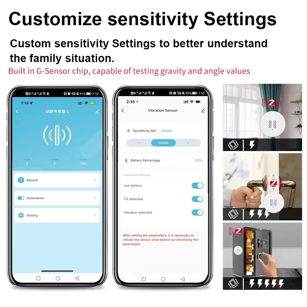Haozee Zigbee Smart Vibration Sensor,Real Time Monitoring,Door Window Vibration Detection Alarm for Home Security,App Remote Control,Support Home Assistant Zigbee2MQTT