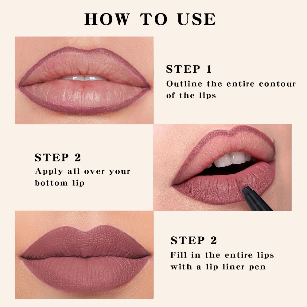 evpct Longwear Liquid Lip Liner Stain Marker Pen Long Lasting Waterproof, Mauve Purple Matte Semi Permanent 24 Hour Lip Liner and Lipstick Combo, Korean Color Stay Lipliner All Day Lips Stain peel off