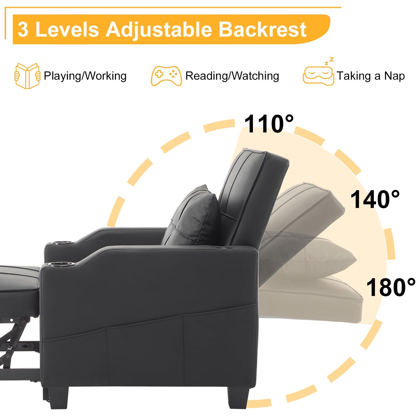 Karl home Sleeper Chair Convertible Sofa Bed with USB/Type C Ports 3-in-1 Pull Out Sofa Bed Adjustable Reading Chair with Cup Holders, PU Leather Black