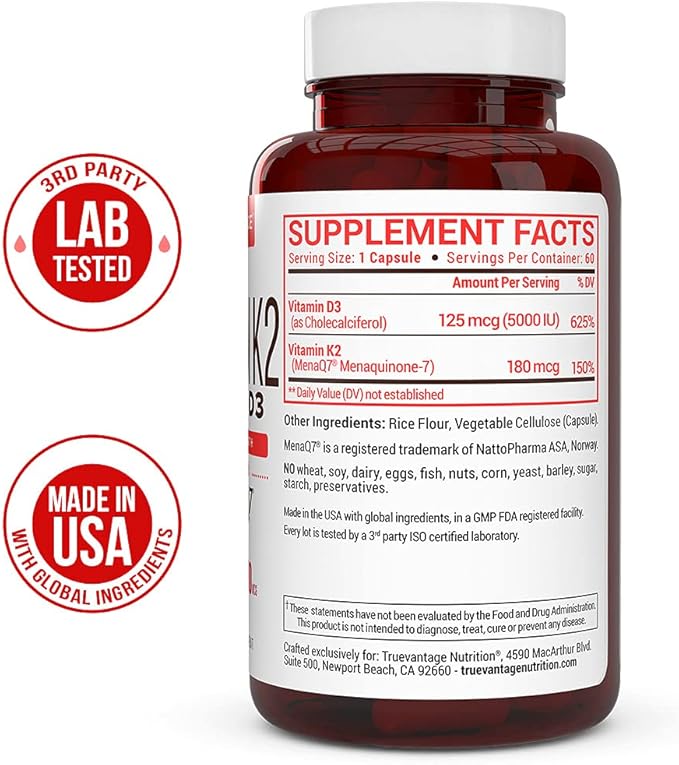 Vitamin K2 D3 Supplement 5000 IU D3 and 180 mcg Vitamin k2 MK7 Supplement for Healthy Bones, Healthy Heart & Cardiovascular Health-60 Easy to Swallow Vegetable caps of MenaQ7 K2 MK7