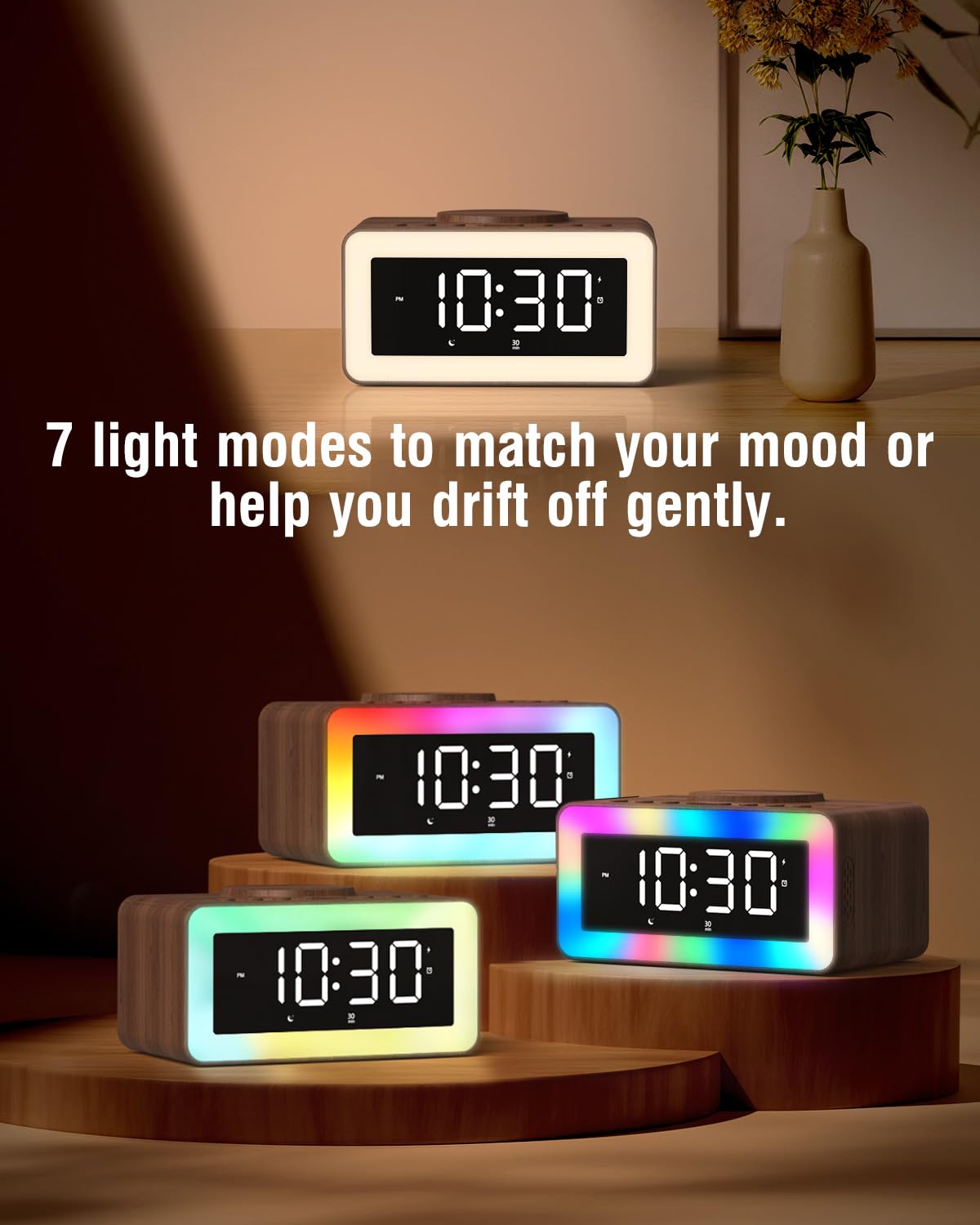 Alarm Clock with Wireless Charging, White/Brown Noise Sound Machine, Bluetooth Speaker Night Light, Wooden Digital Alarm Clocks for Bedrooms,Wireless Charger for iPhone, Birthday Gifts for Men Women