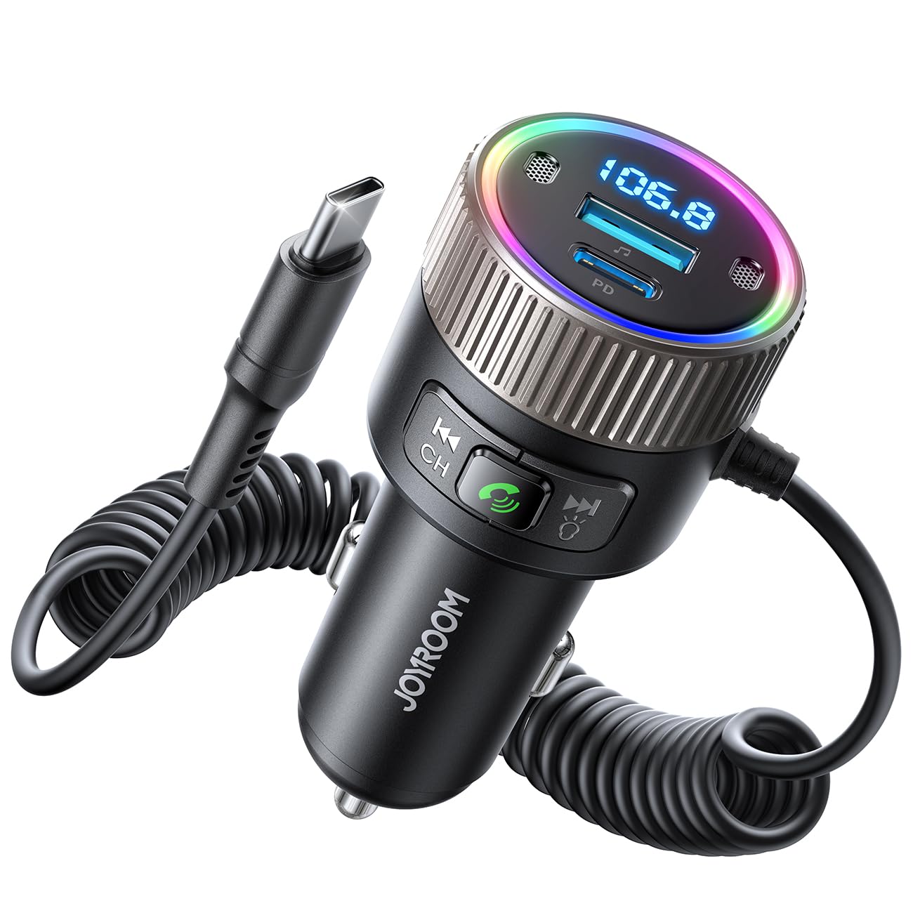 JOYROOM Bluetooth 5.4 FM Transmitter for Car, [60W PD 3.0] Bluetooth Car Adapter Fast Charging with USB C Cable, Cigarette Lighter Radio Music Adapter, Hands-Free Calling, Light Control, USB Drive