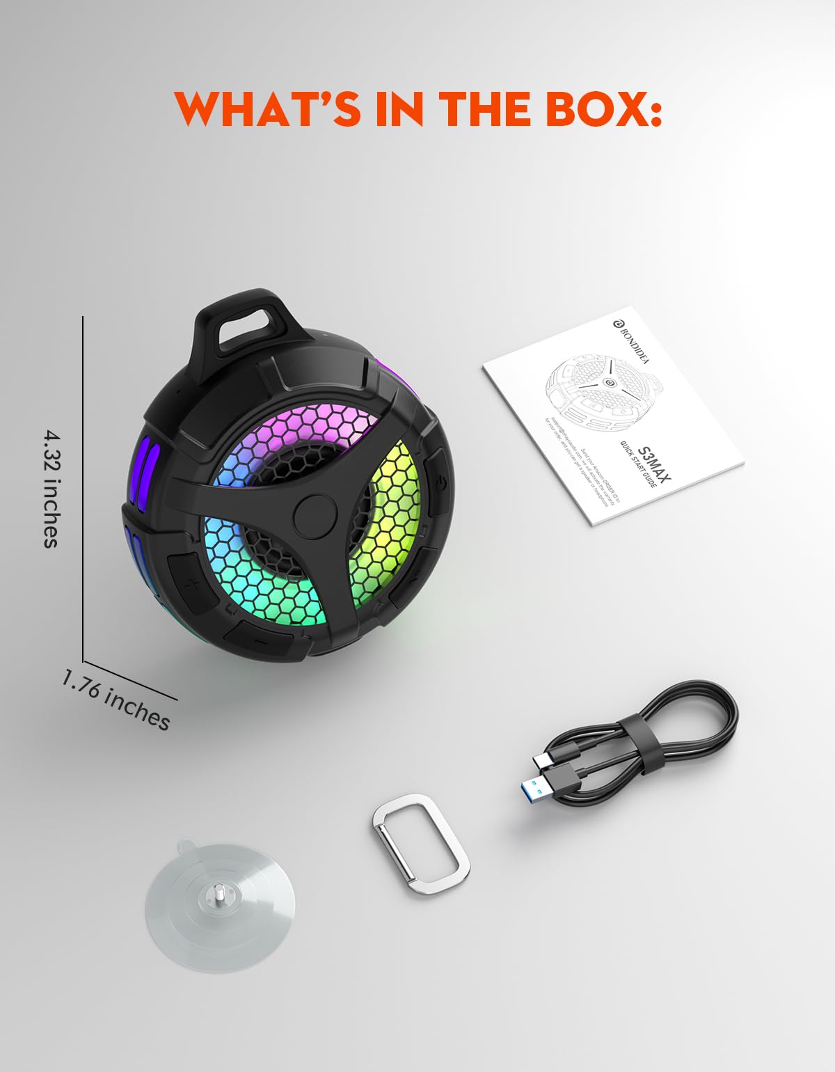 bondidea Shower Bluetooth Speaker, Small Portable Bluetooth Wireless IPX7 Waterproof Outdoor Speakers, Loud Stereo Sound Deep Bass, TWS Pairs, 6 Mode RGB Lights, for All Ages (Black)