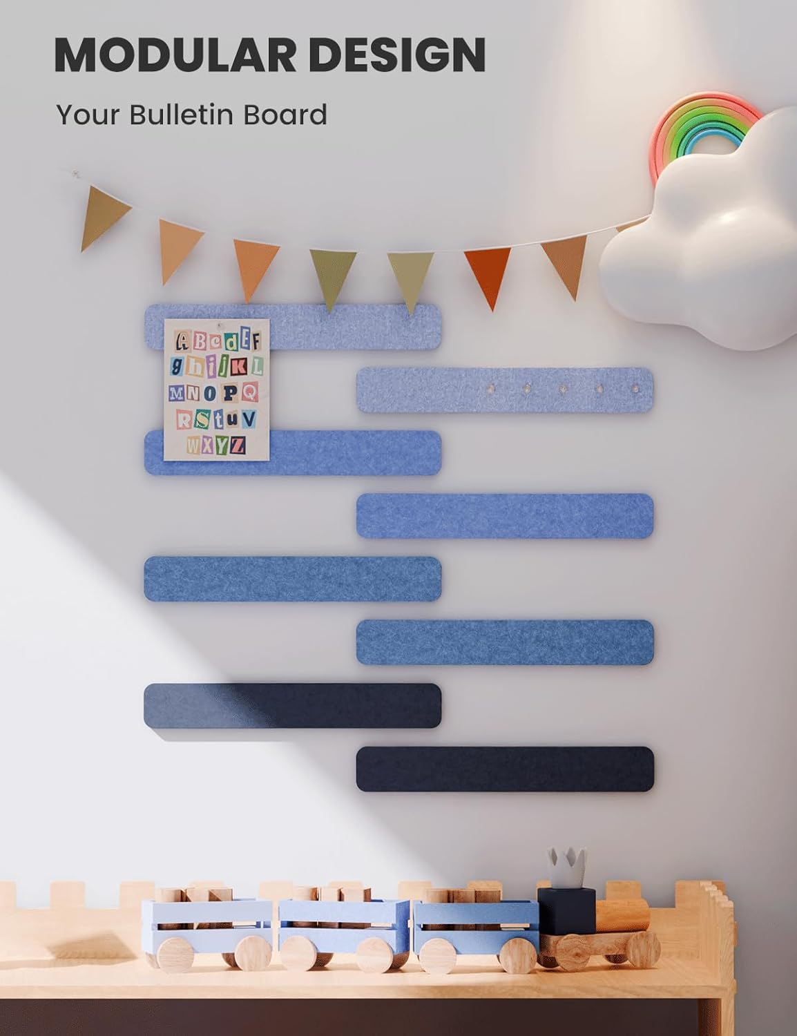 Cork Board Alternative Felt Strip Board 8-Pack 13"x2", Office Pin Board with 50 Push Pins, Adhesive Install for Bedroom Door & Home Office(Denim Mist)