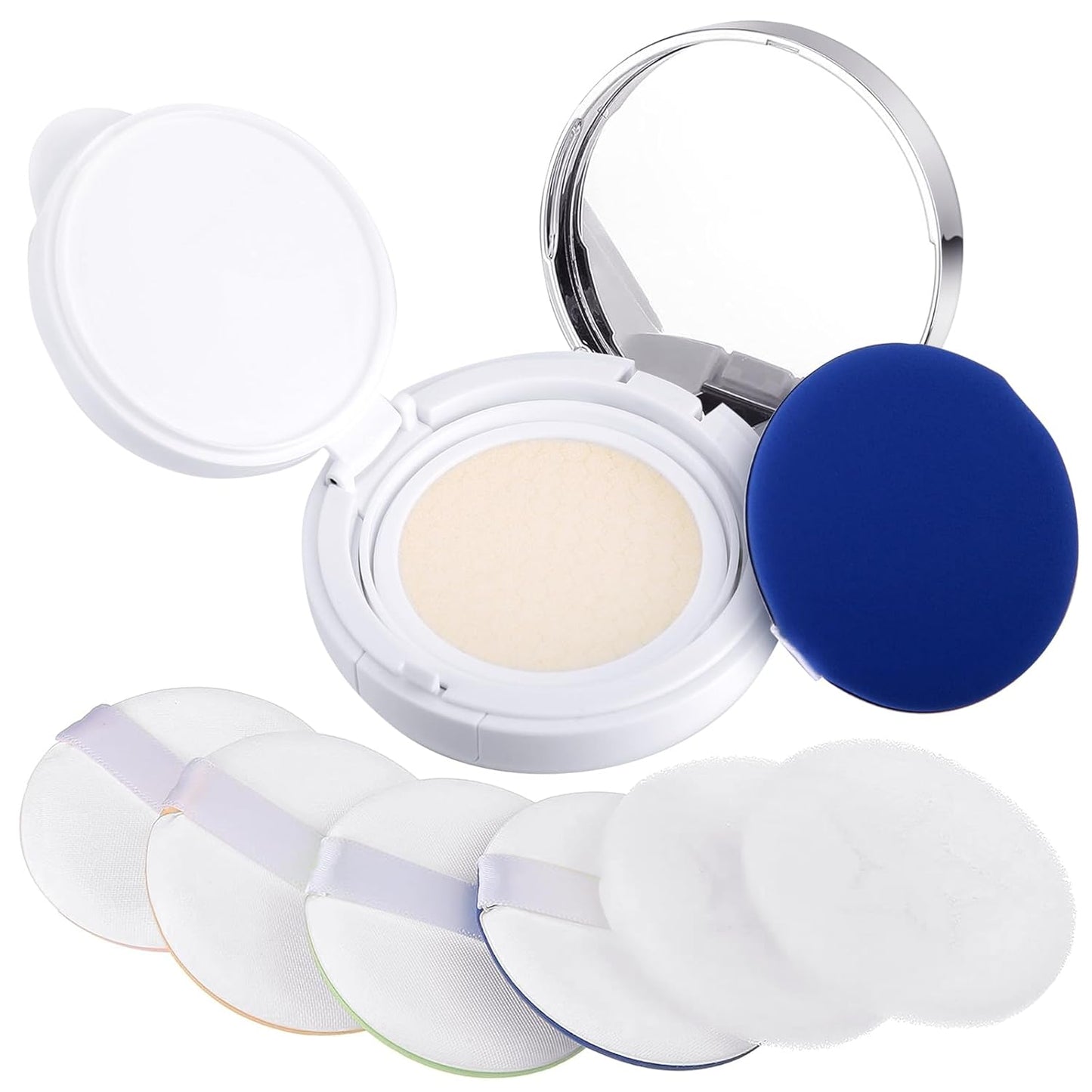 Patelai 7 Pcs 0.5oz Empty Luxurious Air Cushion Puff Box with Sponge Puff and Mirror, Portable Make-up Powder Container Case with Extra Sponges and Puffs, Refillable Foundation Bb Cream Box(Silver)