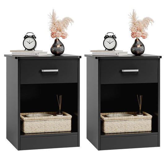 FOTOSOK Nightstand, Set of 2, 2-Tier Side Table with Drawer and Storage Shelf, Bedside Table End Table, Modern Night Stand for Bedroom, Home Office,Black