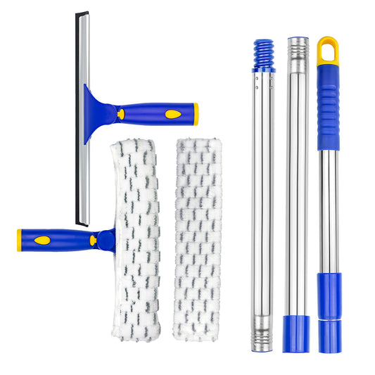 ITTAR Window Squeegee Cleaner Kit, Rotatable Rubber Squeegee and Microfiber Scrubber-2 Pads, Washing kit with 60" Telescopic Stainlees Steel Pole, Window Cleaning Tool for Home Shower Car Windshield