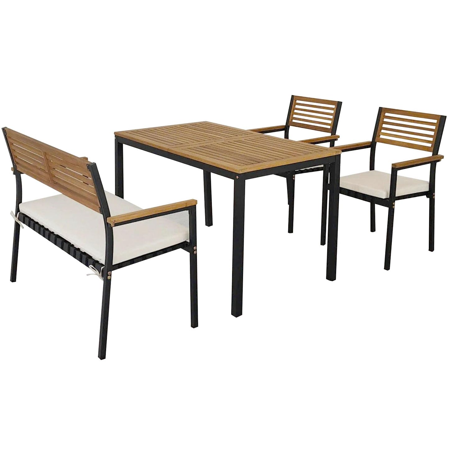 Tangkula 4-Piece Patio Furniture Set, Outdoor Dining Chair Set for 4 w/Acacia Wood & Metal Frame, Umbrella Hole, 1 Table, 2 Armchairs, 1 Bench for Lawn, Garden, Backyard, Porch (Off White)