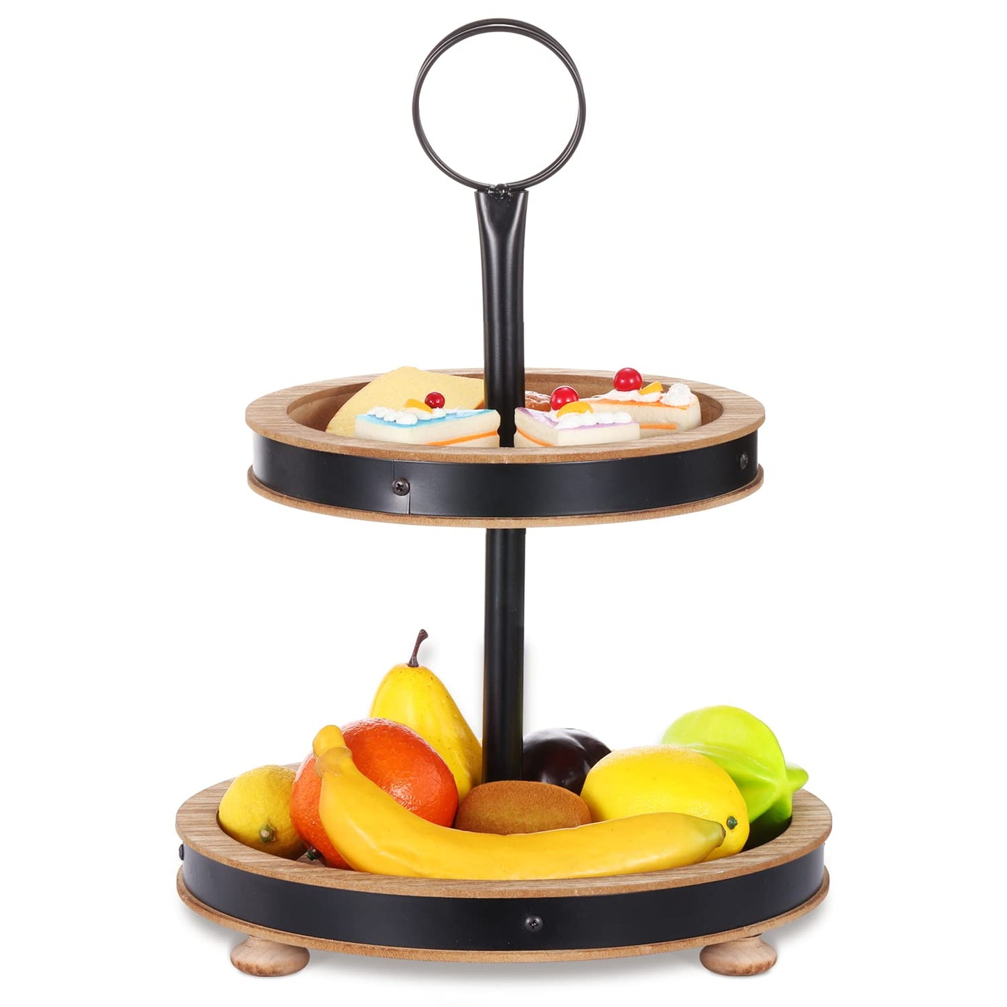 Urban Deco Wood Tiered Tray - 2-Tiered Farmhouse Serving Tray with Metal Handle for Kitchen Counter or Living Room Table
