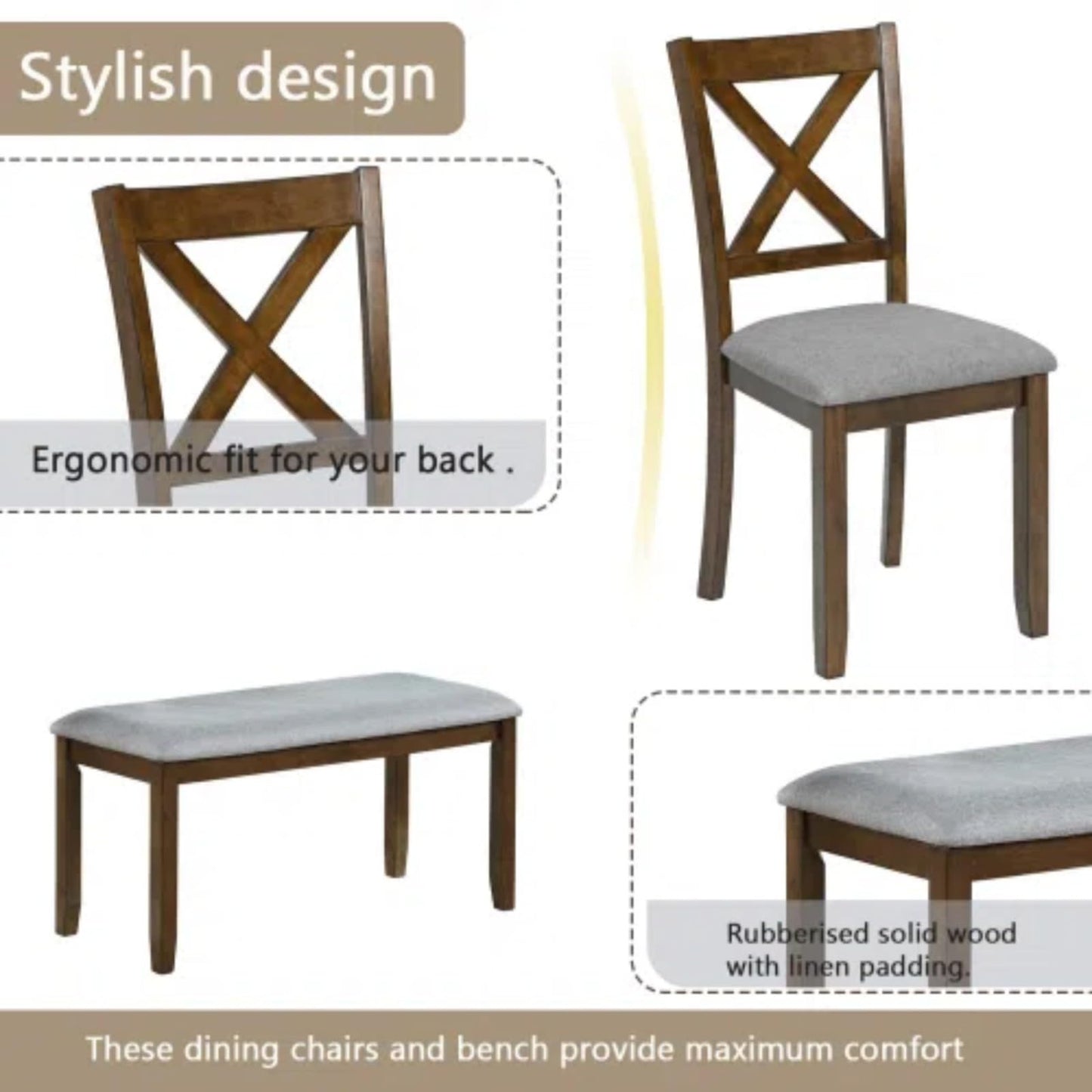 Trygoal 6-Piece Dining Table Set for 4-6 People, Kitchen Set with 4 Upholstered Chairs and One Bench, Living Room Chairs with X-Shape Backrest, Rectangular Wooden Table for Home Bar, Walnut