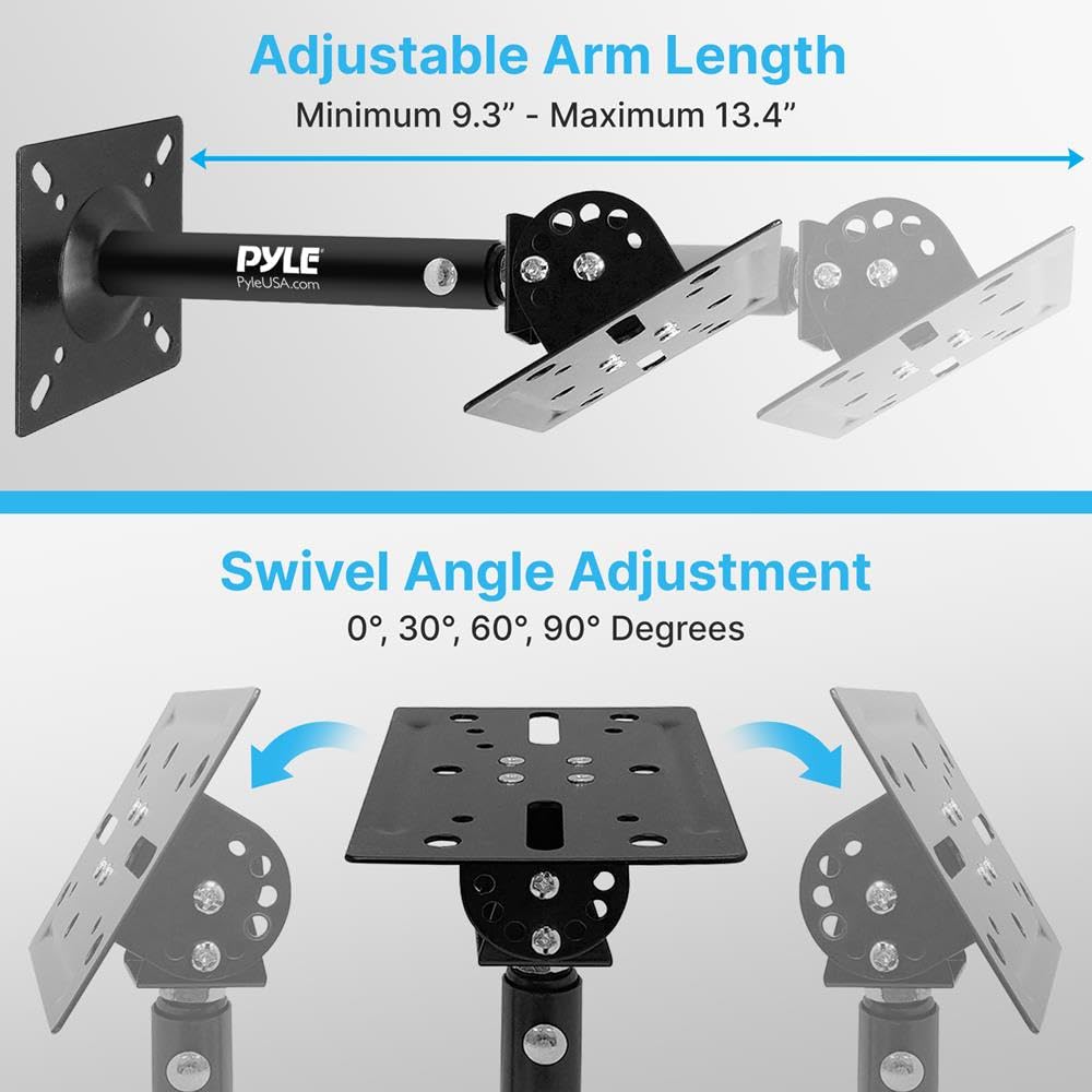 Pyle Speaker Wall Ceiling Mount Stand - Black Speaker Mounting Bracket w/ Adjustable Swivel Tilt, Retractable Telescopic Arm - Home Surround Sound System Bookshelf Satellite Speakers PSTNDC31 (Pair)