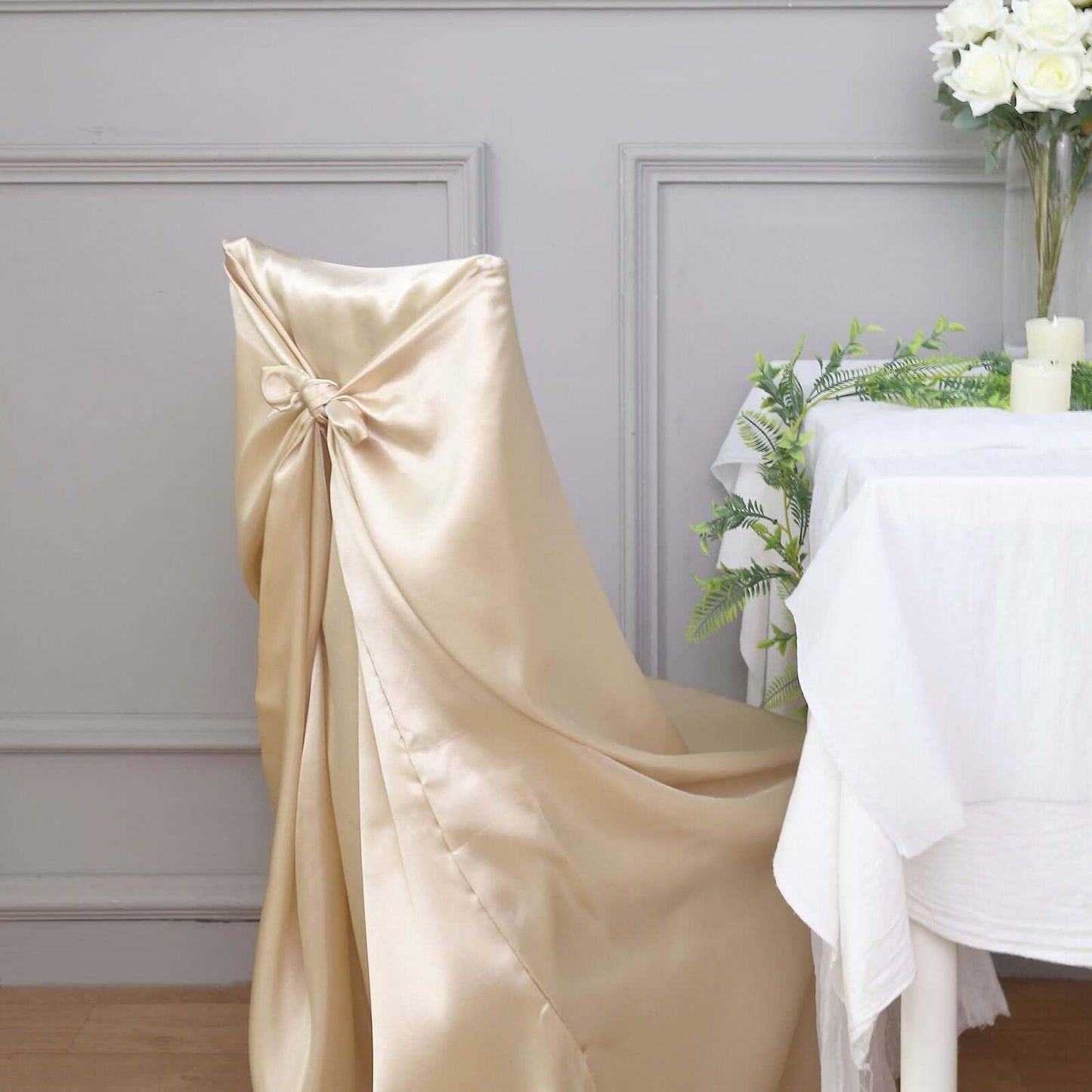 Efavormart Beige Chair Covers for Party 1 PCS Satin Self Tie Universal Banquet Wedding Folding Chair Cover for Dining Chairs Washable Slipcovers for Outdoors Events