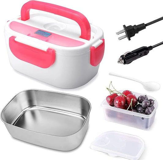 Electric Lunch Box 2 In 1 Food Heater 12V 24V 110V Portable Food Warmer for Car and Home Removable Stainless Steel Heated Bento Box (Pink)