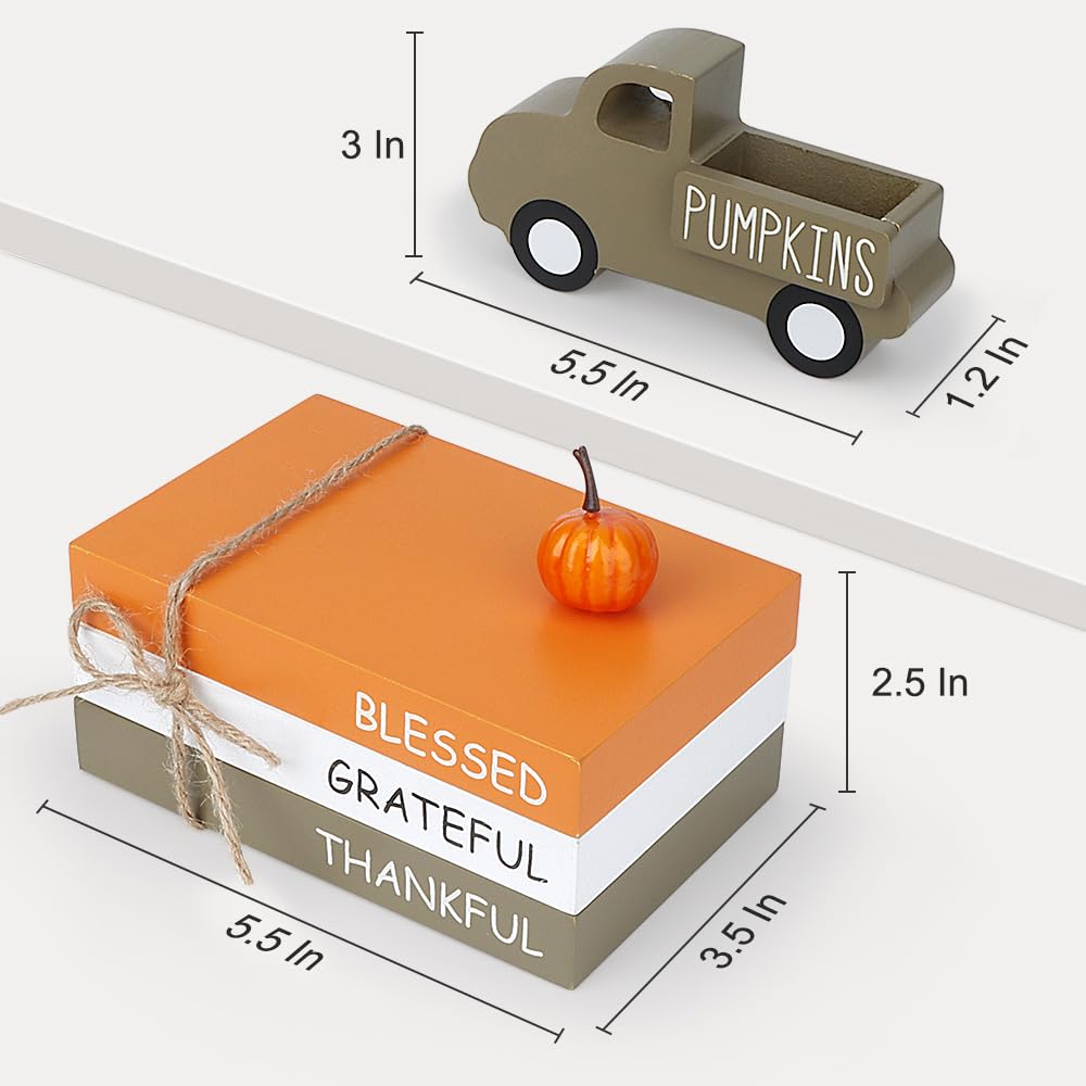 AKEROCK Fall Table Decor, Farmhouse Wooden Fall Signs with Book Stack, 3D Truck and 5 Individual Pumpkins for Tiered Tray, Coffee Bar, Shelf and Mantle Decor - Fall Decorations for Home