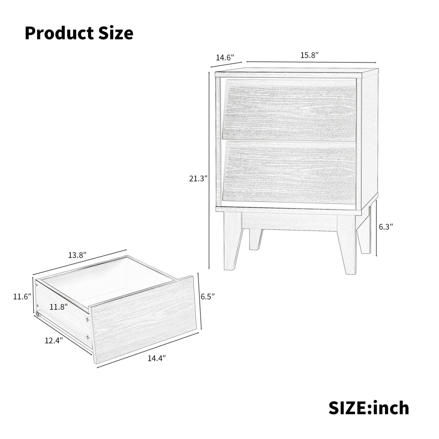 2 Set Nightstands with Beveled Design, Mid-Century Modern Bedside Tables with Solid Wood Legs for Bedroom Living Room, Black