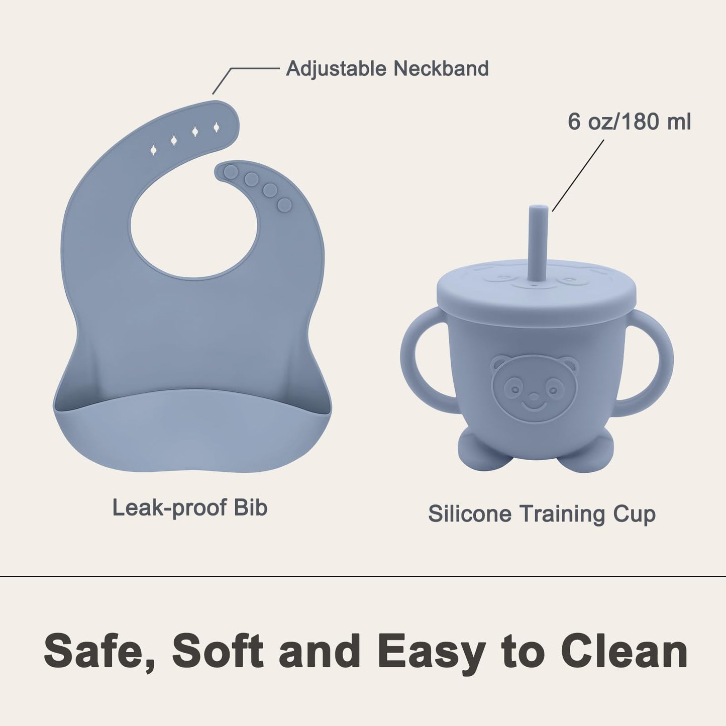 Munlinder Silicone Baby Feeding Set | Baby Led Weaning Supplies Includes Suction Bowls and Divided Plates, Adjustable Bib, Baby Utensils Spoons and Forks,Cup | Baby Feeding Essentials (Blue Gray)