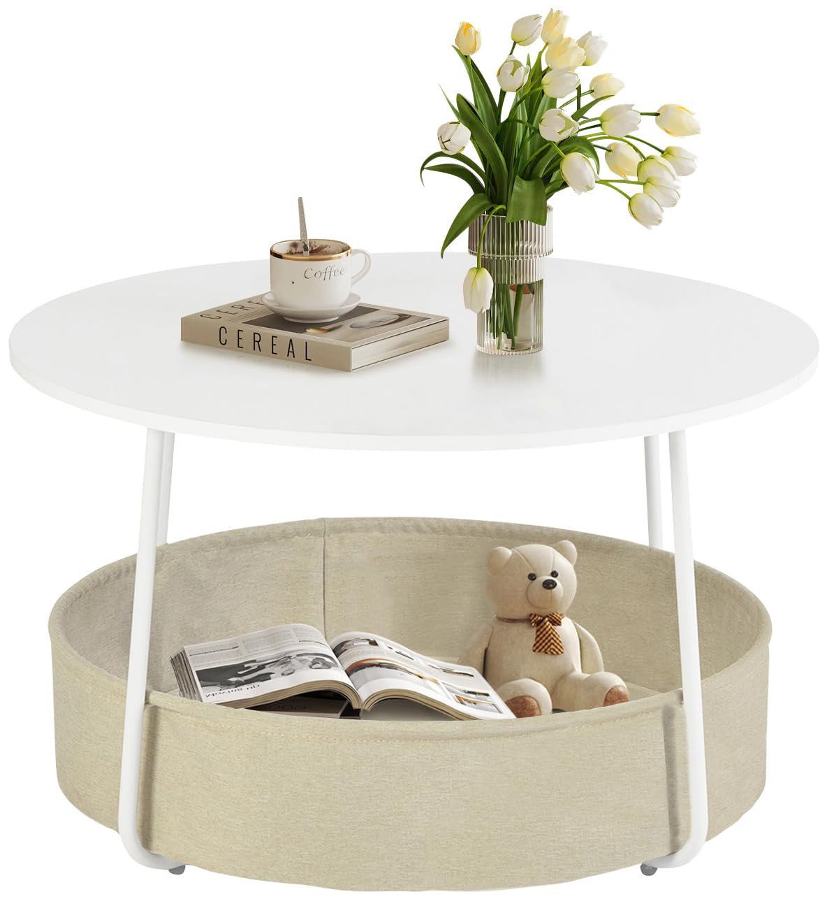 FurnitureR Coffee Table with Storage, 29.53 Inch Round Center Table 2-Tier with Fabric Basket, Sturdy Metal Frame, Modern Living Room Accent Table, White/Camel
