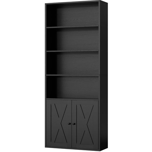 Shintenchi Bookshelf, Industrial Bookshelves and Bookcases with Doors Floor Standing 6 Shelf Display Storage Shelves 70.6 inches Tall Bookcase for Home Office, Living Room (Black)