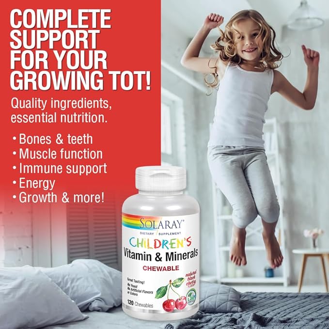 SOLARAY Childrens Vitamins & Minerals Complete Multivitamin for Kids Great Black Cherry Flavor (076280047974) (120 Chews, 60 Serv)