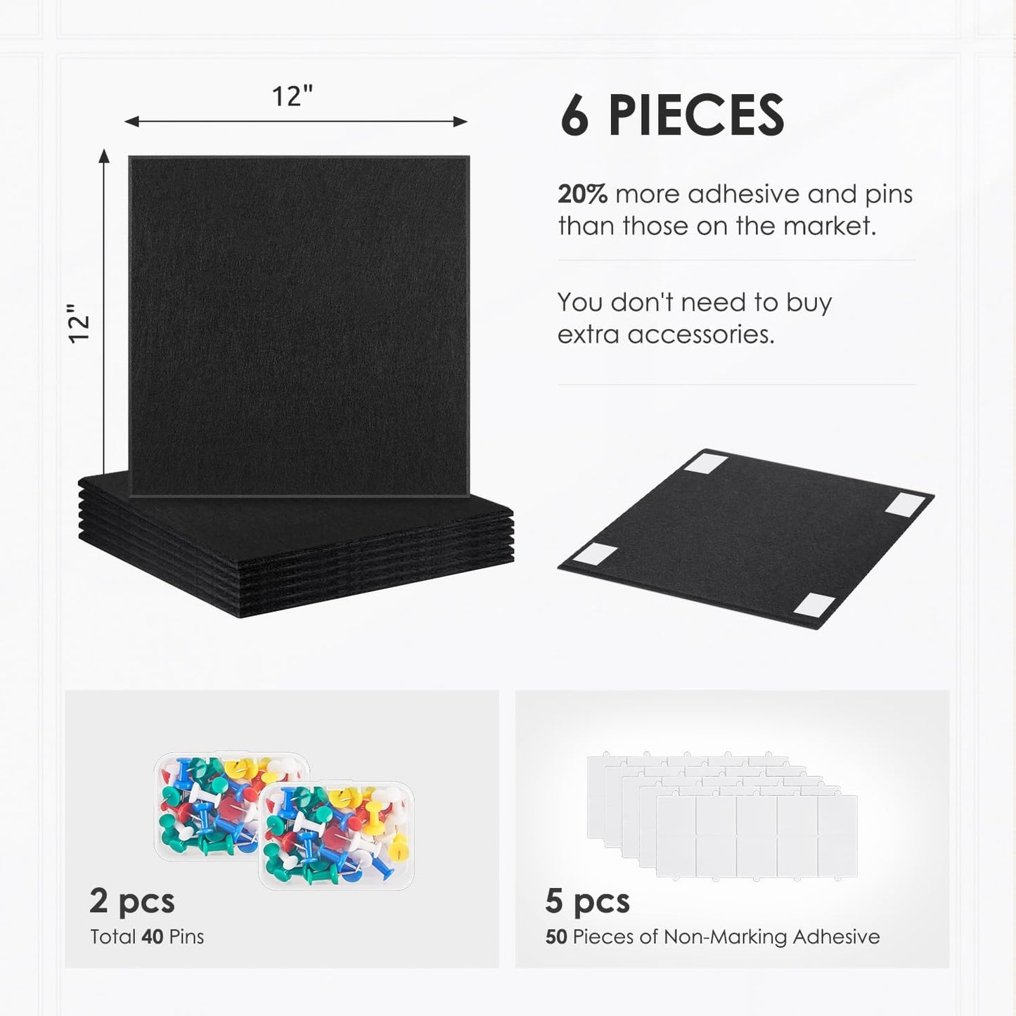 Cork Board for Wall,36"x24" 6 Pack Felt Wall Tiles with Safe Removable Adhesive Tabs,Bulletin Board for Home Office Kitchen,Pin Board Notice Board for Photos Memos,Black