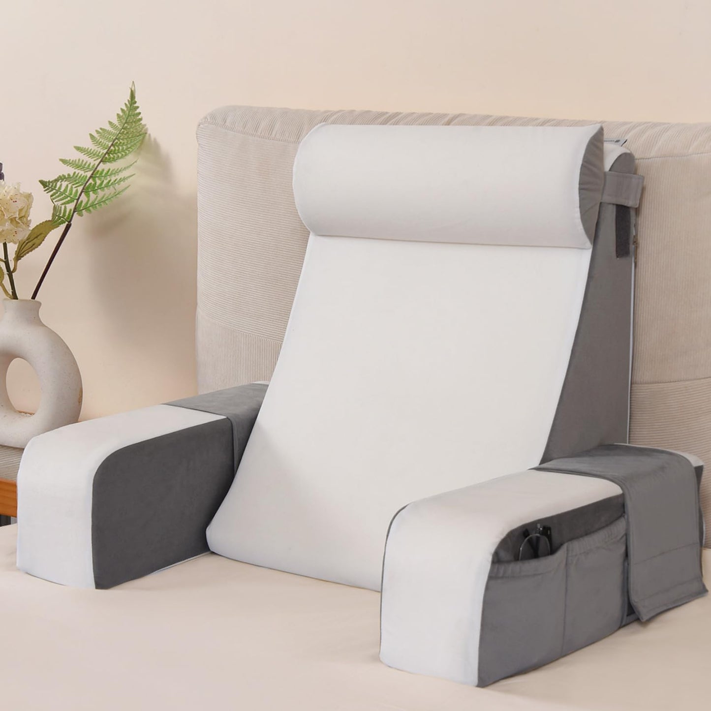 Vekkia Reading Pillow with Adjustable Arms & Headrest – Zoned Foam Support, XL Side Pockets, Removable Cover, Back Support Chair for Reading, Gaming, Post-Surgery Recovery in Bed or Floor, 21"