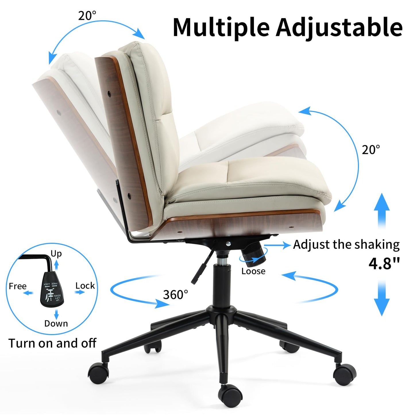 LONWIK Armless Modern Walnut Office Desk Chair with Wheels, PU Leather Adjustable Wide Swivel Task Chair, Ergonomic Cross Legged Computer Chair for Conference Room, Home Office (Beige)